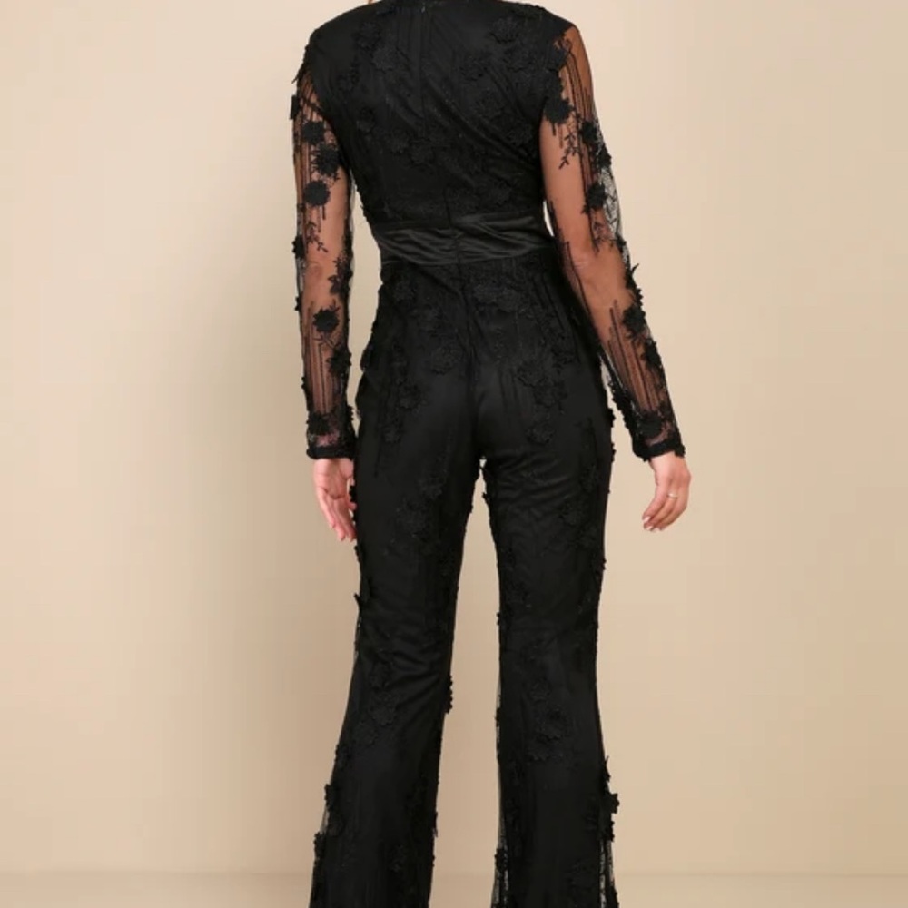 Lulus Elevated Allure Black 3d Floral Embroidered Long Sleeve Jumpsuit - Size XL - Picture 3 of 4